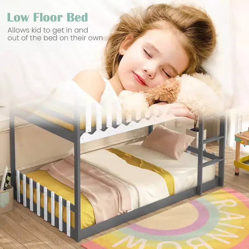 Costway Twin Over Twin Bunk Bed w/ Fence & Ladder Solid Wood Floor Bunk Bed for Kids Gray
