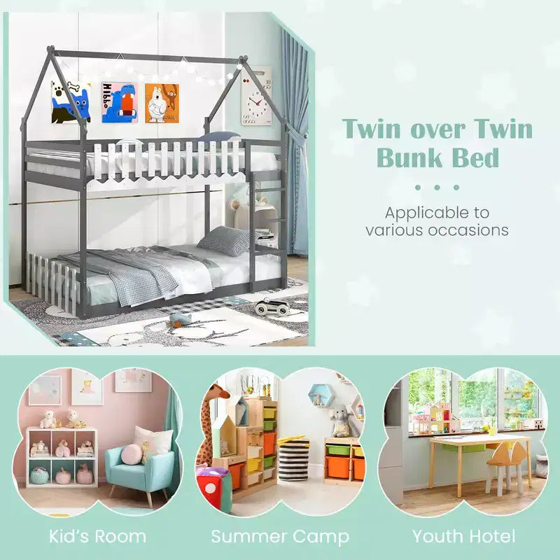 Costway Twin Over Twin Bunk Bed w/ Fence & Ladder Solid Wood Floor Bunk Bed for Kids Gray