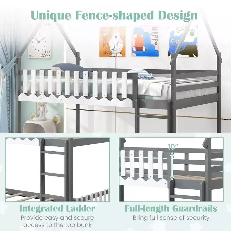 Costway Twin Over Twin Bunk Bed w/ Fence & Ladder Solid Wood Floor Bunk Bed for Kids Gray