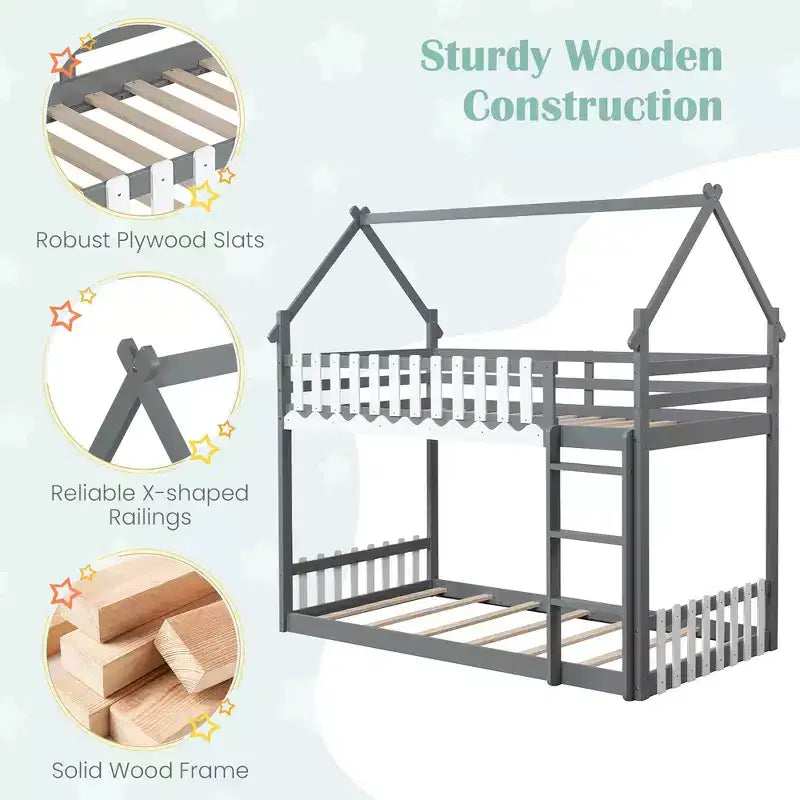 Costway Twin Over Twin Bunk Bed w/ Fence & Ladder Solid Wood Floor Bunk Bed for Kids Gray
