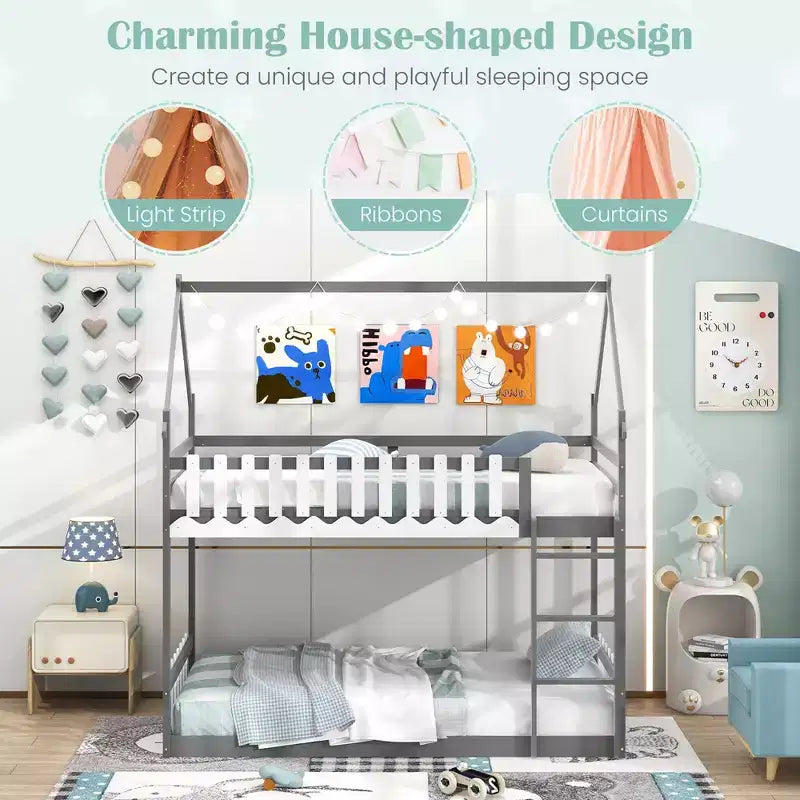 Costway Twin Over Twin Bunk Bed w/ Fence & Ladder Solid Wood Floor Bunk Bed for Kids Gray