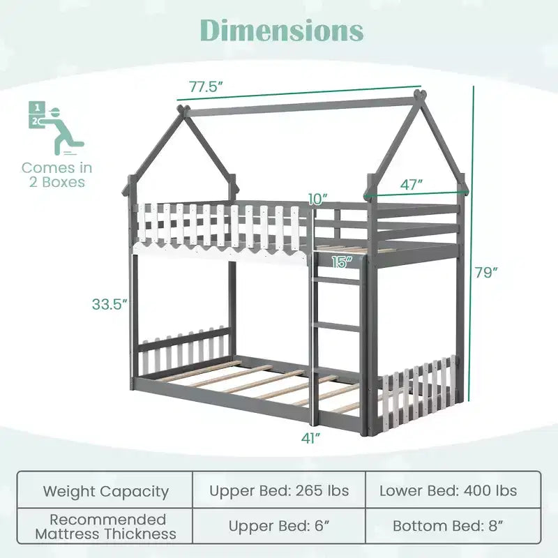 Costway Twin Over Twin Bunk Bed w/ Fence & Ladder Solid Wood Floor Bunk Bed for Kids Gray