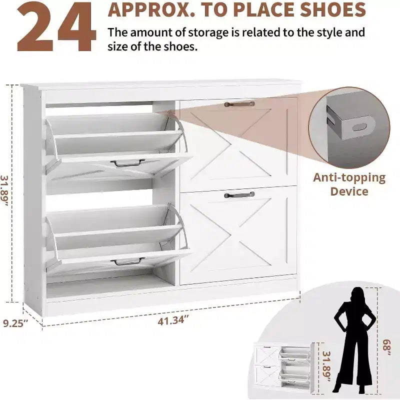 GustoWave 4 Turn Drawers Rattan Entryway Shoe Storage Cabinet, Freestanding Organizer, White