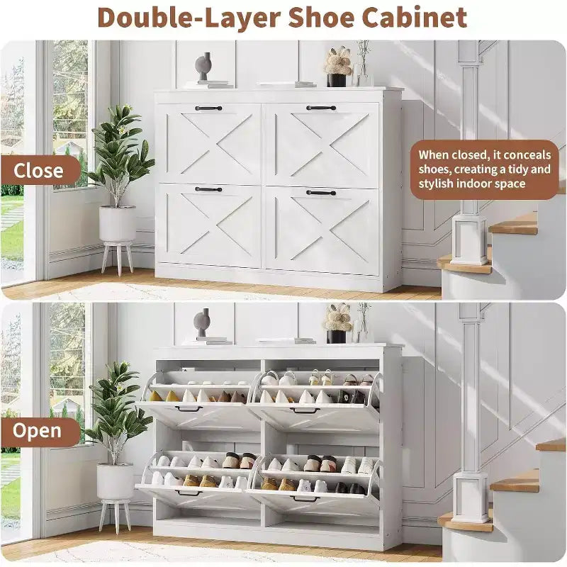 GustoWave 4 Turn Drawers Rattan Entryway Shoe Storage Cabinet, Freestanding Organizer, White