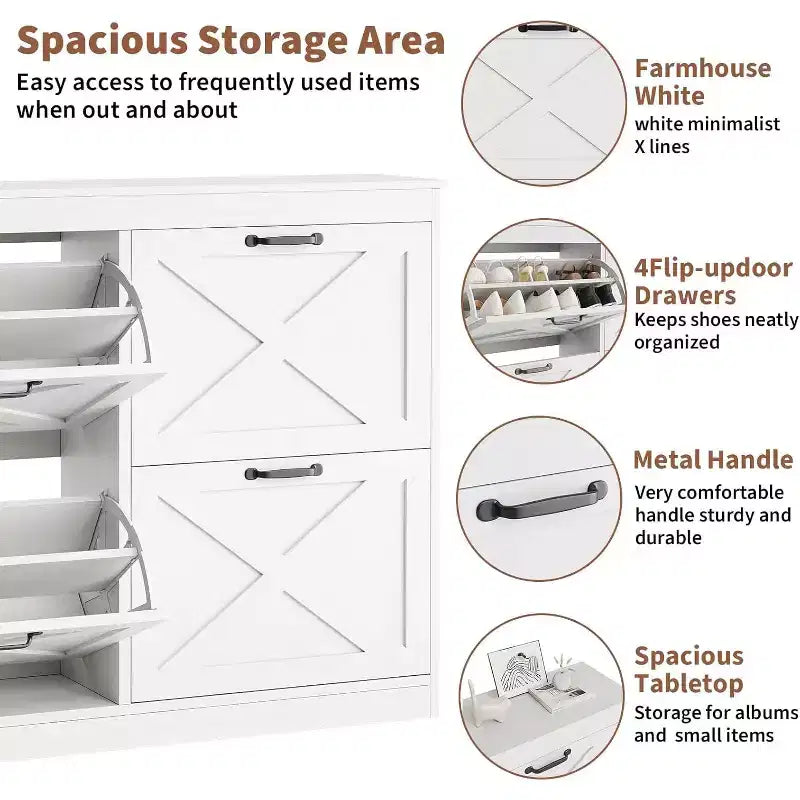 GustoWave 4 Turn Drawers Rattan Entryway Shoe Storage Cabinet, Freestanding Organizer, White