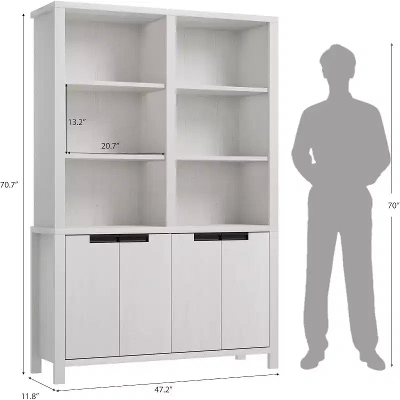 70.7 Farmhouse Bookshelf with Doors, Adjustable Shelf, 5-Tier Double Wide Wooden Bookcase and Cabinet for living Room, Office, or Library