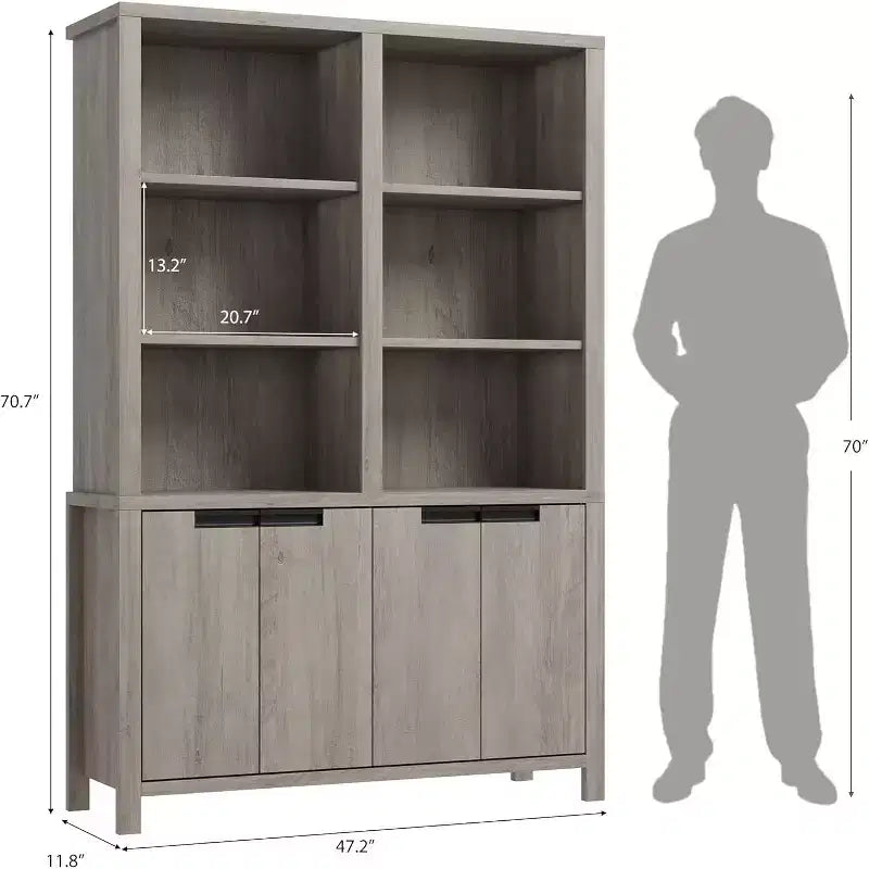 70.7 Farmhouse Bookshelf with Doors, Adjustable Shelf, 5-Tier Double Wide Wooden Bookcase and Cabinet for living Room, Office, or Library