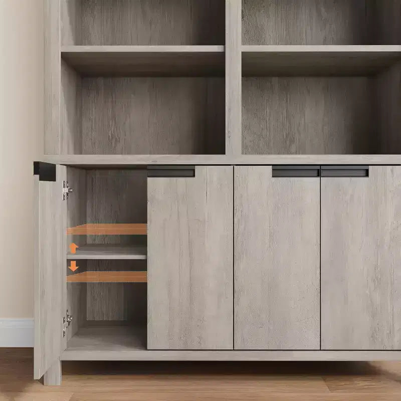 70.7 Farmhouse Bookshelf with Doors, Adjustable Shelf, 5-Tier Double Wide Wooden Bookcase and Cabinet for living Room, Office, or Library
