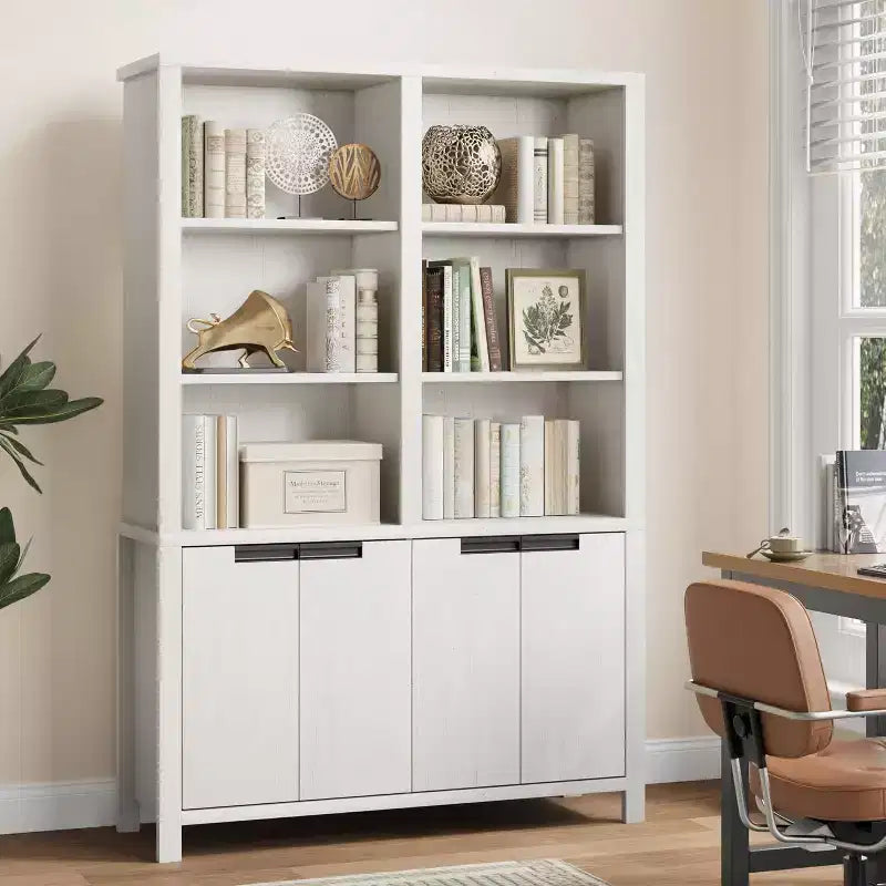 70.7 Farmhouse Bookshelf with Doors, Adjustable Shelf, 5-Tier Double Wide Wooden Bookcase and Cabinet for living Room, Office, or Library