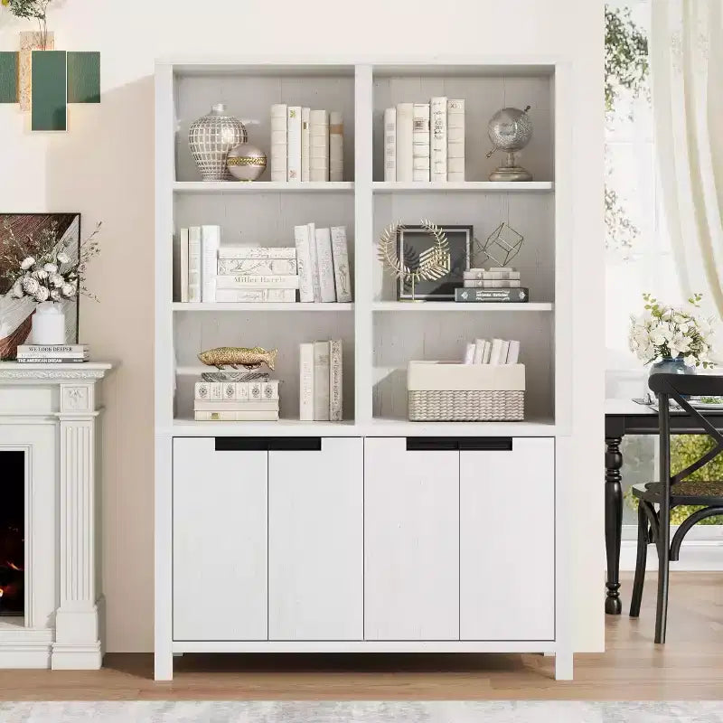 70.7 Farmhouse Bookshelf with Doors, Adjustable Shelf, 5-Tier Double Wide Wooden Bookcase and Cabinet for living Room, Office, or Library