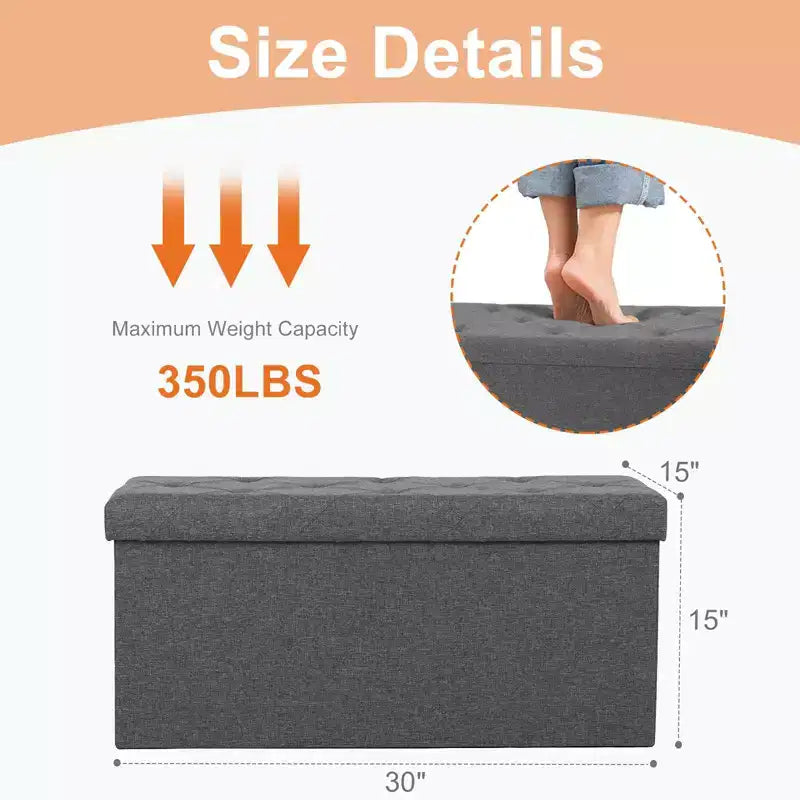TUYOHW 24/35 Gal Foldable Storage Ottoman Bench,Thickened Foam Padded End-of-Bed Bench for Bedroom and Living Room,600lbs Capacity,Dark Gray