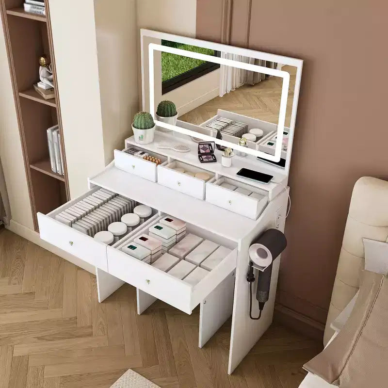 Okak Makeup Vanity with Large 3 Color Adjustable Mirror, Vanity Desk with Power Outlet and Hair Dryer Holder, Compact Vanity for Bedroom