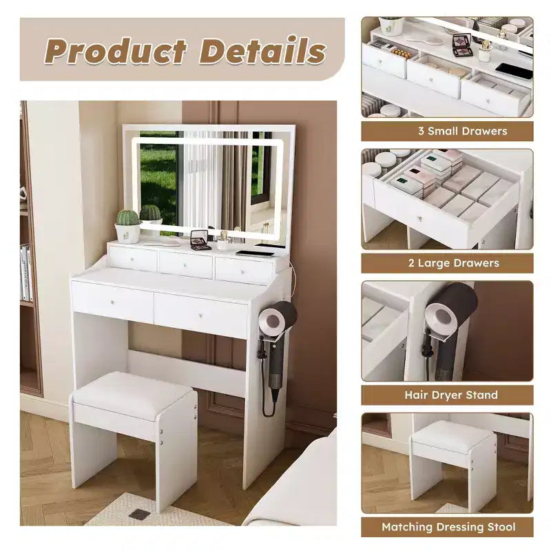 Okak Makeup Vanity with Large 3 Color Adjustable Mirror, Vanity Desk with Power Outlet and Hair Dryer Holder, Compact Vanity for Bedroom