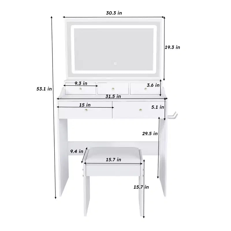 Okak Makeup Vanity with Large 3 Color Adjustable Mirror, Vanity Desk with Power Outlet and Hair Dryer Holder, Compact Vanity for Bedroom