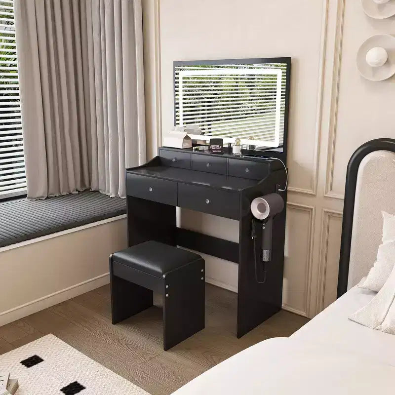 Okak Makeup Vanity with Large 3 Color Adjustable Mirror, Vanity Desk with Power Outlet and Hair Dryer Holder, Compact Vanity for Bedroom
