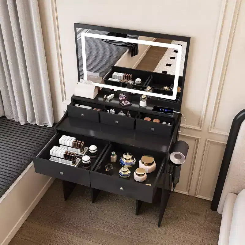 Okak Makeup Vanity with Large 3 Color Adjustable Mirror, Vanity Desk with Power Outlet and Hair Dryer Holder, Compact Vanity for Bedroom