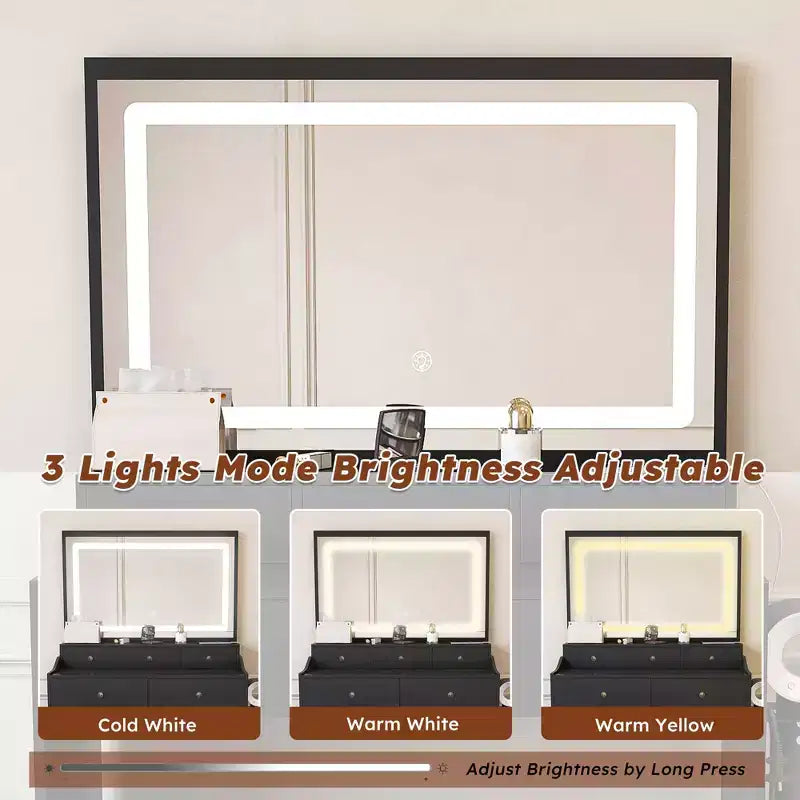 Okak Makeup Vanity with Large 3 Color Adjustable Mirror, Vanity Desk with Power Outlet and Hair Dryer Holder, Compact Vanity for Bedroom