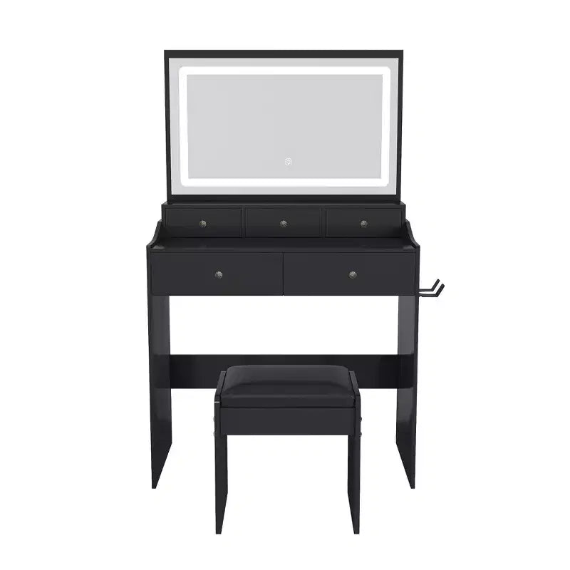 Okak Makeup Vanity with Large 3 Color Adjustable Mirror, Vanity Desk with Power Outlet and Hair Dryer Holder, Compact Vanity for Bedroom