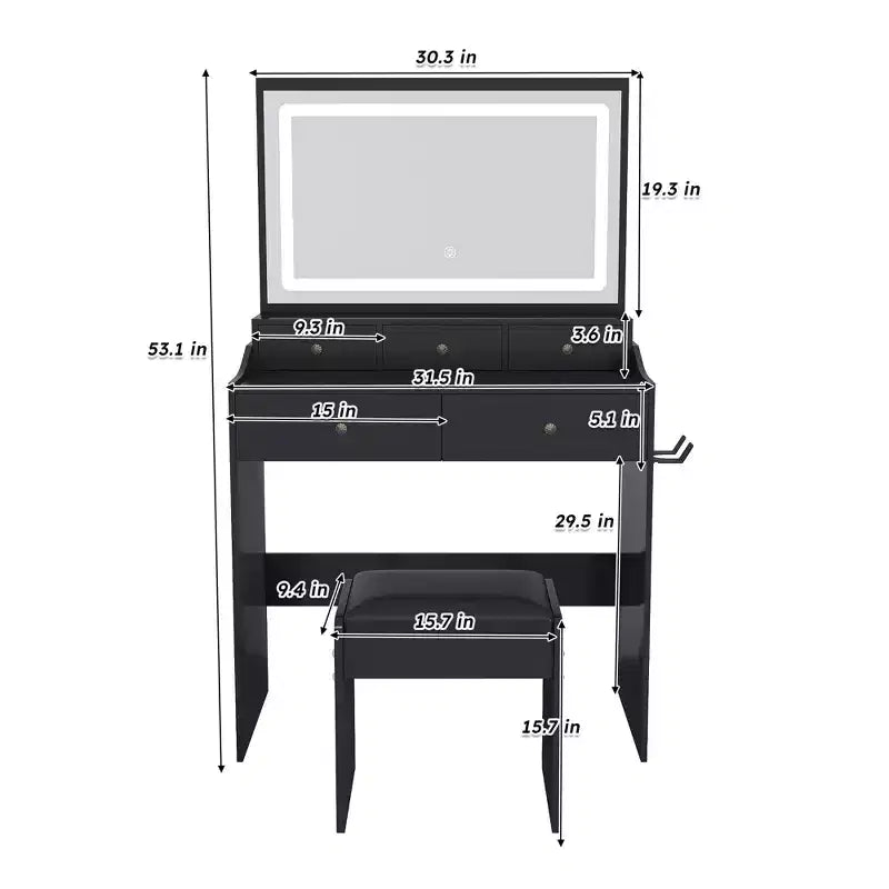 Okak Makeup Vanity with Large 3 Color Adjustable Mirror, Vanity Desk with Power Outlet and Hair Dryer Holder, Compact Vanity for Bedroom