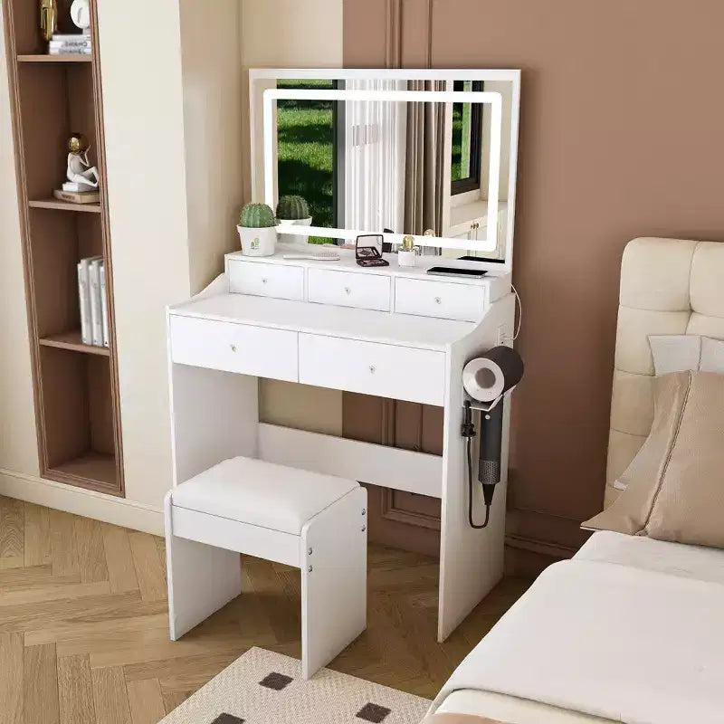 Okak Makeup Vanity with Large 3 Color Adjustable Mirror, Vanity Desk with Power Outlet and Hair Dryer Holder, Compact Vanity for Bedroom