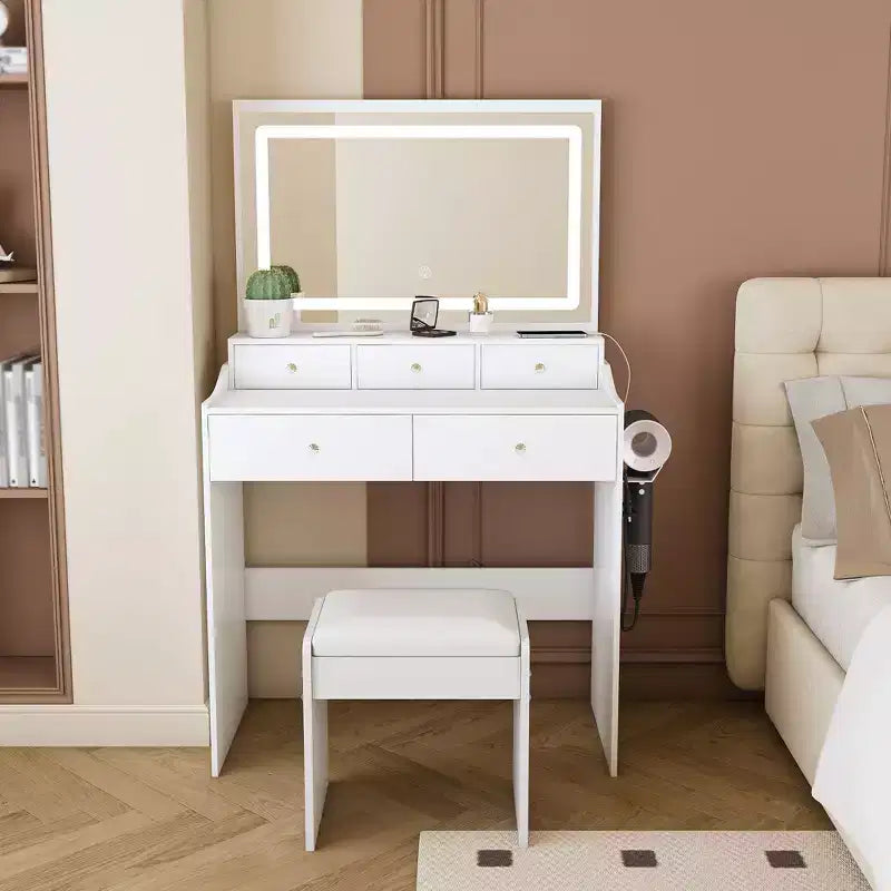 Okak Makeup Vanity with Large 3 Color Adjustable Mirror, Vanity Desk with Power Outlet and Hair Dryer Holder, Compact Vanity for Bedroom