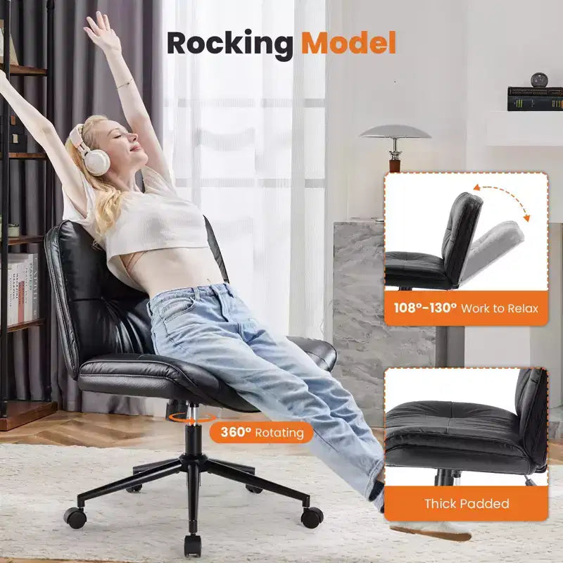 TUYOHW Armless Office Chair,Wide Seat Swivel Chair with Criss Cross Legged,Height Adjustment,Modern PU Leather Accent Chair for Home Office