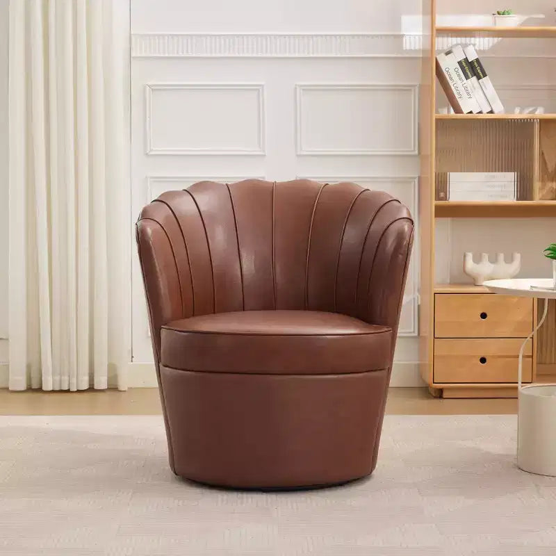 TUYOHW Petal Swivel Chair,Accent Chair with Rotating Metal Base,Curved Fluted,Genuine Leather Wingback Desk Chair for Office,Living Room