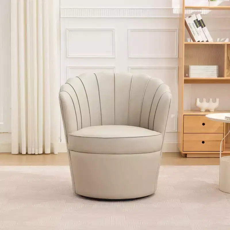 TUYOHW Petal Swivel Chair,Accent Chair with Rotating Metal Base,Curved Fluted,Genuine Leather Wingback Desk Chair for Office,Living Room