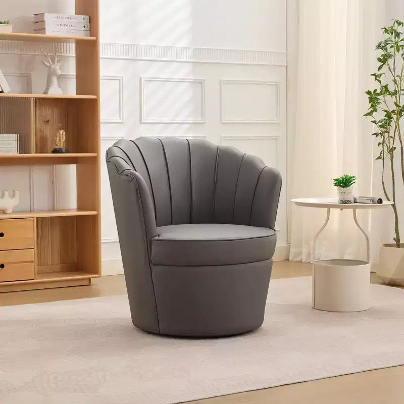 TUYOHW Petal Swivel Chair,Accent Chair with Rotating Metal Base,Curved Fluted,Genuine Leather Wingback Desk Chair for Office,Living Room