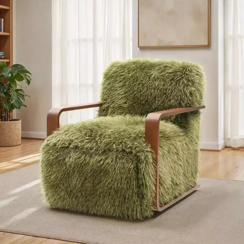 TUYOHW 28.3 Wide Faux Fur Accent Chair,Upholstered Lounge Chair with Curved Wooden Arms,Pocket Coil Spring,Armchair for Living Room,Bedroom