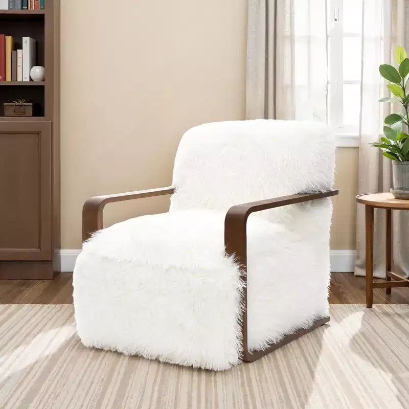 TUYOHW 28.3 Wide Faux Fur Accent Chair,Upholstered Lounge Chair with Curved Wooden Arms,Pocket Coil Spring,Armchair for Living Room,Bedroom