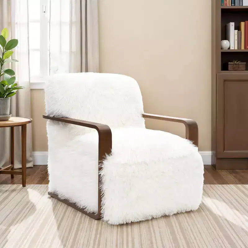 TUYOHW 28.3 Wide Faux Fur Accent Chair,Upholstered Lounge Chair with Curved Wooden Arms,Pocket Coil Spring,Armchair for Living Room,Bedroom