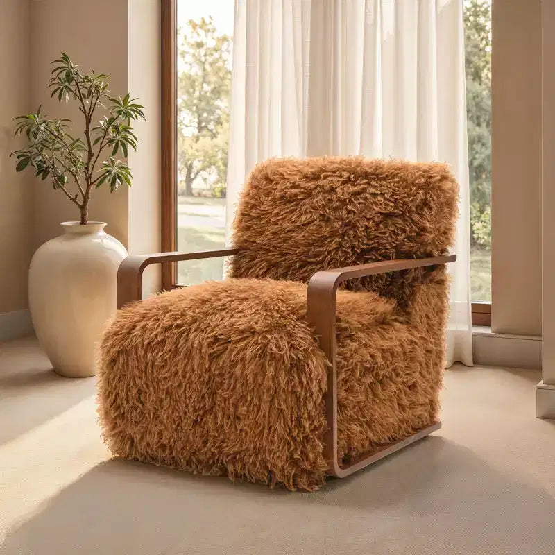 TUYOHW 28.3 Wide Faux Fur Accent Chair,Upholstered Lounge Chair with Curved Wooden Arms,Pocket Coil Spring,Armchair for Living Room,Bedroom