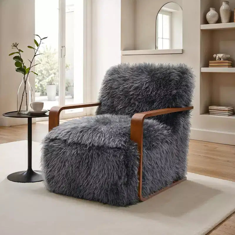 TUYOHW 28.3 Wide Faux Fur Accent Chair,Upholstered Lounge Chair with Curved Wooden Arms,Pocket Coil Spring,Armchair for Living Room,Bedroom
