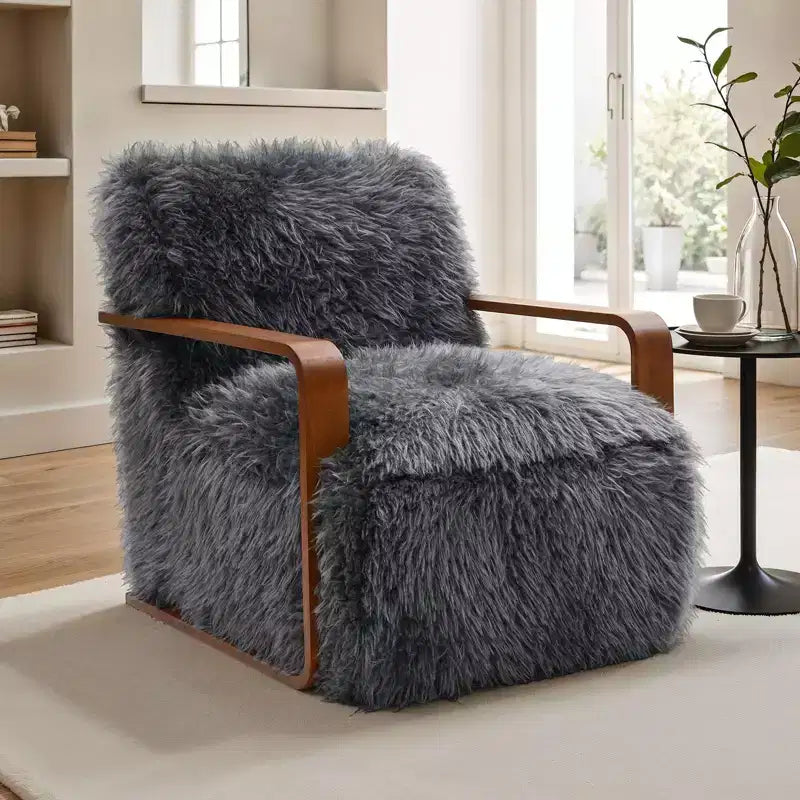 TUYOHW 28.3 Wide Faux Fur Accent Chair,Upholstered Lounge Chair with Curved Wooden Arms,Pocket Coil Spring,Armchair for Living Room,Bedroom
