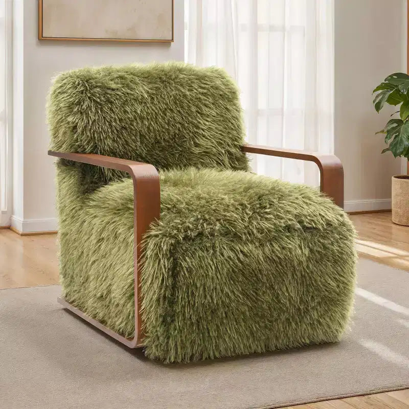 TUYOHW 28.3 Wide Faux Fur Accent Chair,Upholstered Lounge Chair with Curved Wooden Arms,Pocket Coil Spring,Armchair for Living Room,Bedroom