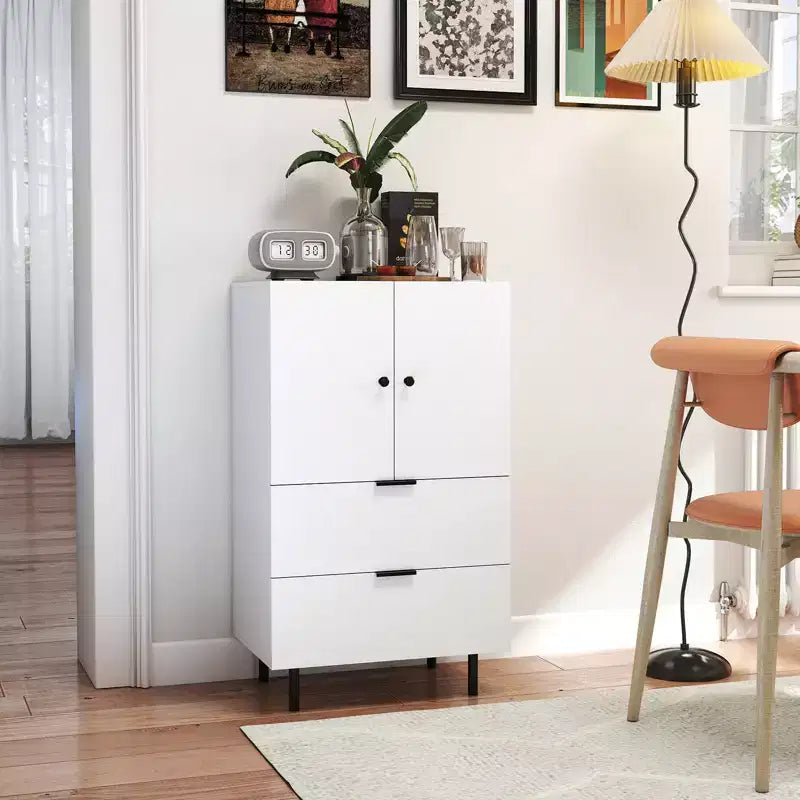 Costway 2-Door Serving Cupboard w/ Drawers & Storage Cabinet Metal Legs for Living Room