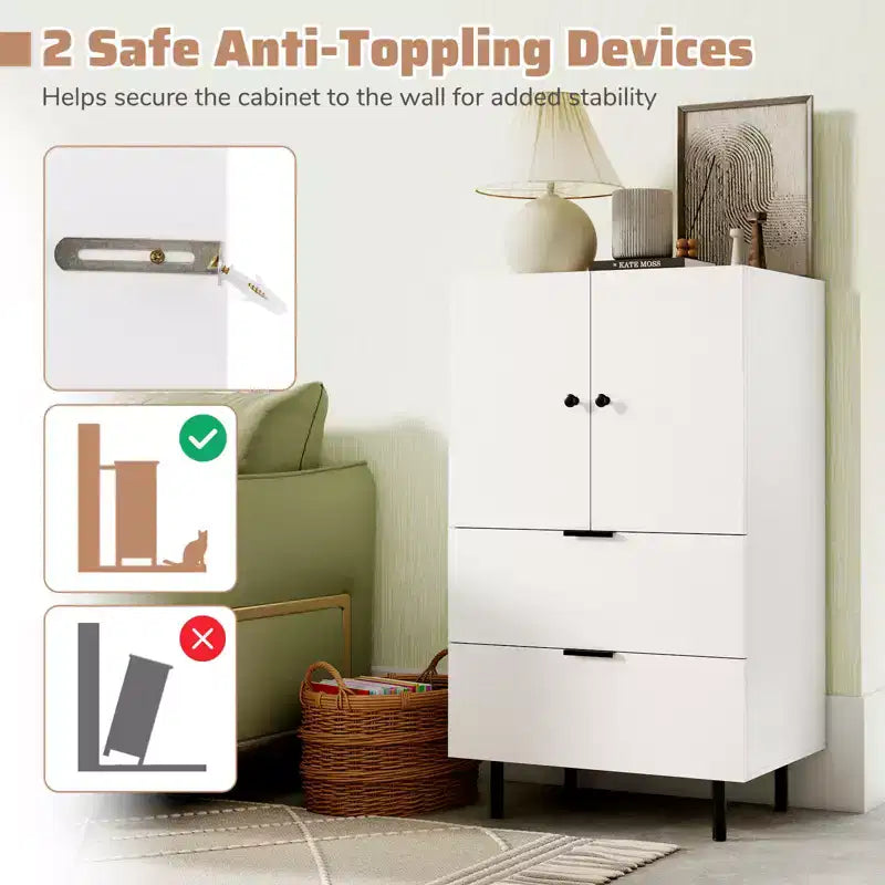 Costway 2-Door Serving Cupboard w/ Drawers & Storage Cabinet Metal Legs for Living Room