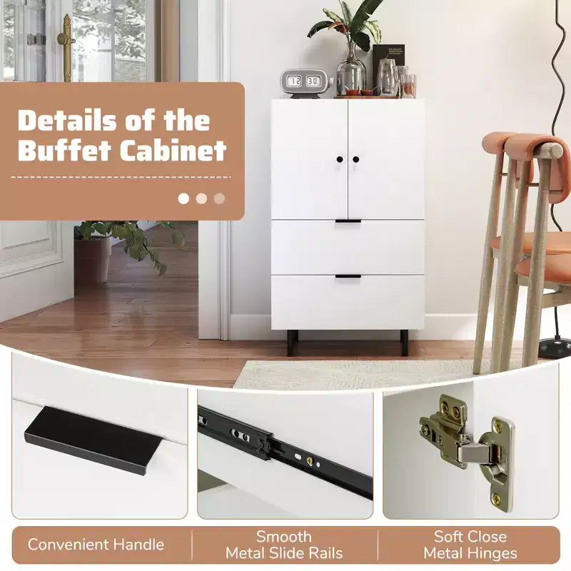 Costway 2-Door Serving Cupboard w/ Drawers & Storage Cabinet Metal Legs for Living Room