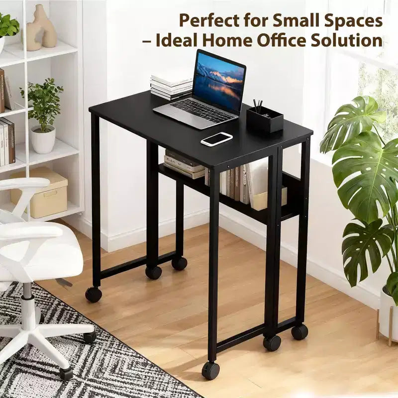 Folding Desk Small Rolling Desk with Storage Shelf,31.5 Inch Foldable Computer Table for Small Spaces, Space Saving Sofa Table with Wheels
