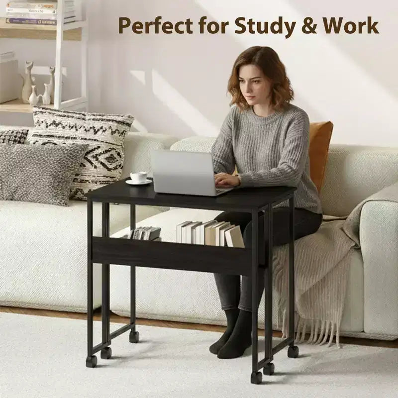 Folding Desk Small Rolling Desk with Storage Shelf,31.5 Inch Foldable Computer Table for Small Spaces, Space Saving Sofa Table with Wheels