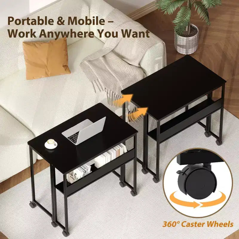 Folding Desk Small Rolling Desk with Storage Shelf,31.5 Inch Foldable Computer Table for Small Spaces, Space Saving Sofa Table with Wheels