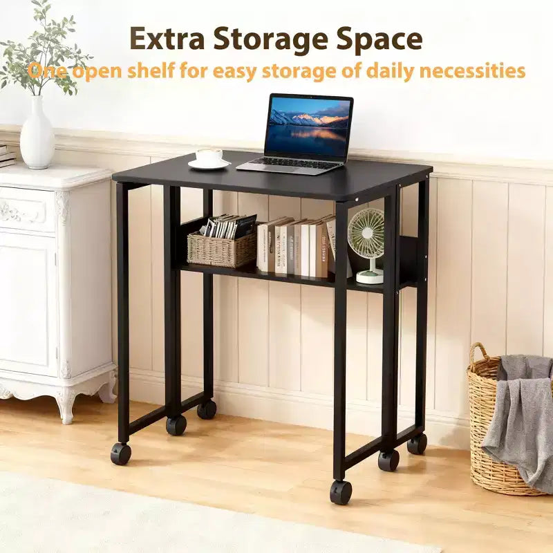 Folding Desk Small Rolling Desk with Storage Shelf,31.5 Inch Foldable Computer Table for Small Spaces, Space Saving Sofa Table with Wheels