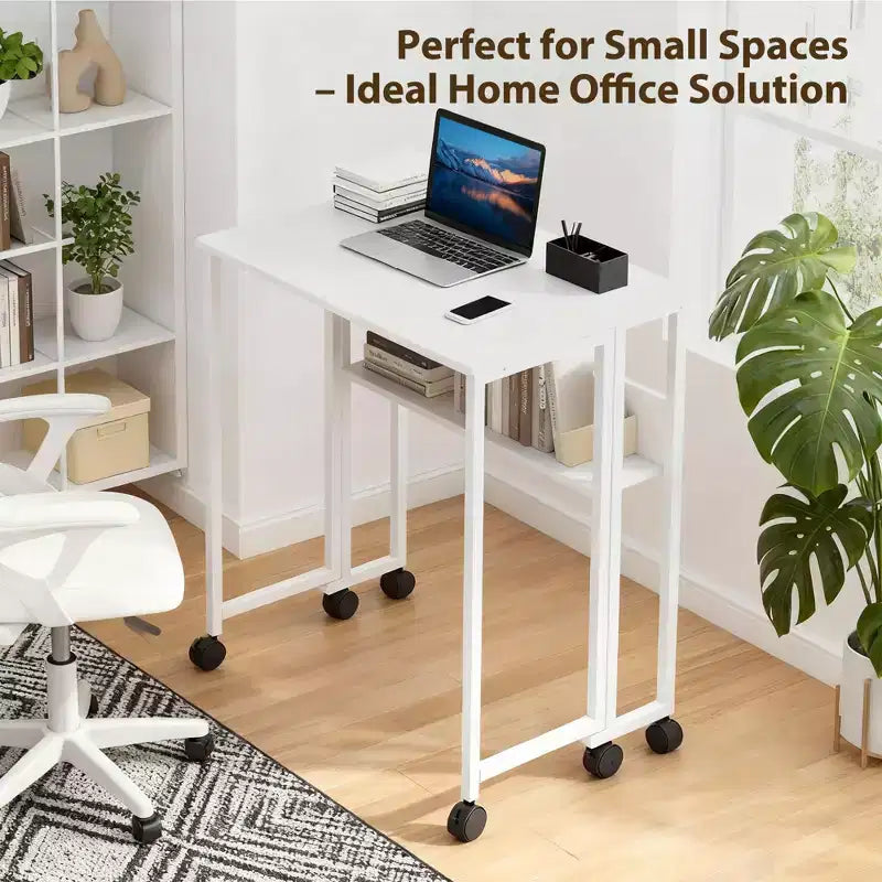 Folding Desk Small Rolling Desk with Storage Shelf,31.5 Inch Foldable Computer Table for Small Spaces, Space Saving Sofa Table with Wheels