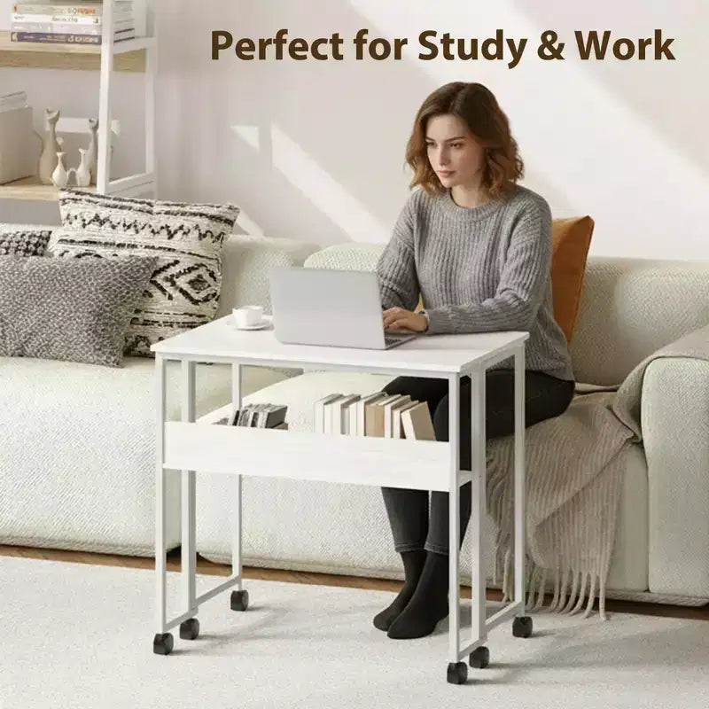 Folding Desk Small Rolling Desk with Storage Shelf,31.5 Inch Foldable Computer Table for Small Spaces, Space Saving Sofa Table with Wheels