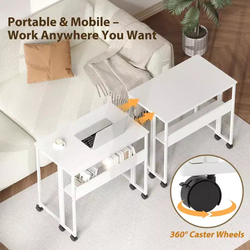 Folding Desk Small Rolling Desk with Storage Shelf,31.5 Inch Foldable Computer Table for Small Spaces, Space Saving Sofa Table with Wheels