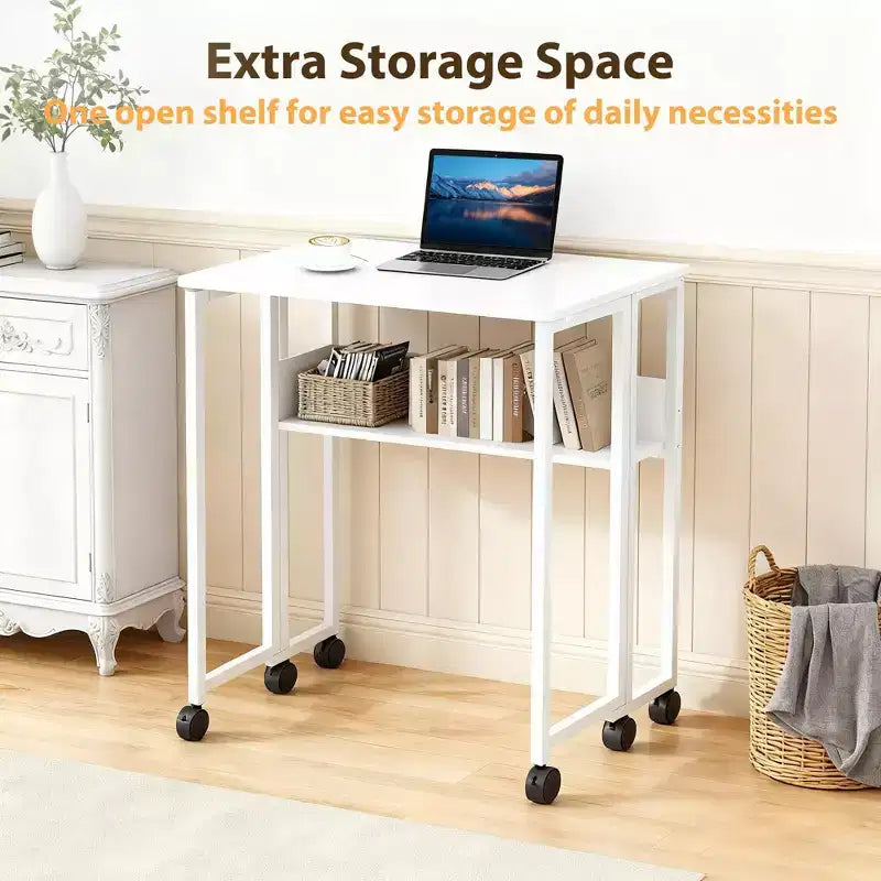 Folding Desk Small Rolling Desk with Storage Shelf,31.5 Inch Foldable Computer Table for Small Spaces, Space Saving Sofa Table with Wheels