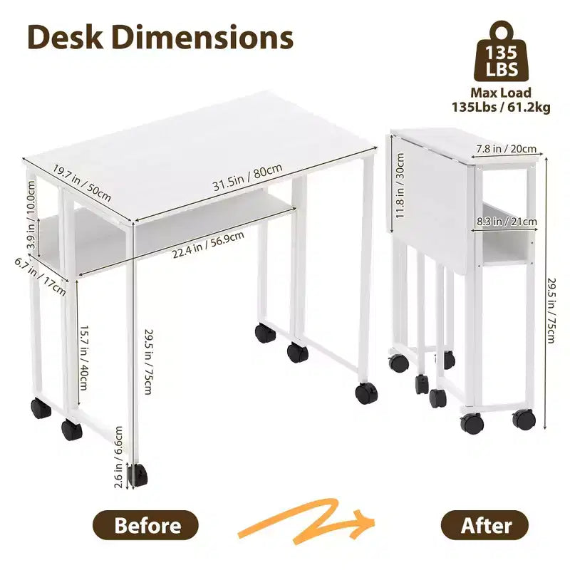 Folding Desk Small Rolling Desk with Storage Shelf,31.5 Inch Foldable Computer Table for Small Spaces, Space Saving Sofa Table with Wheels