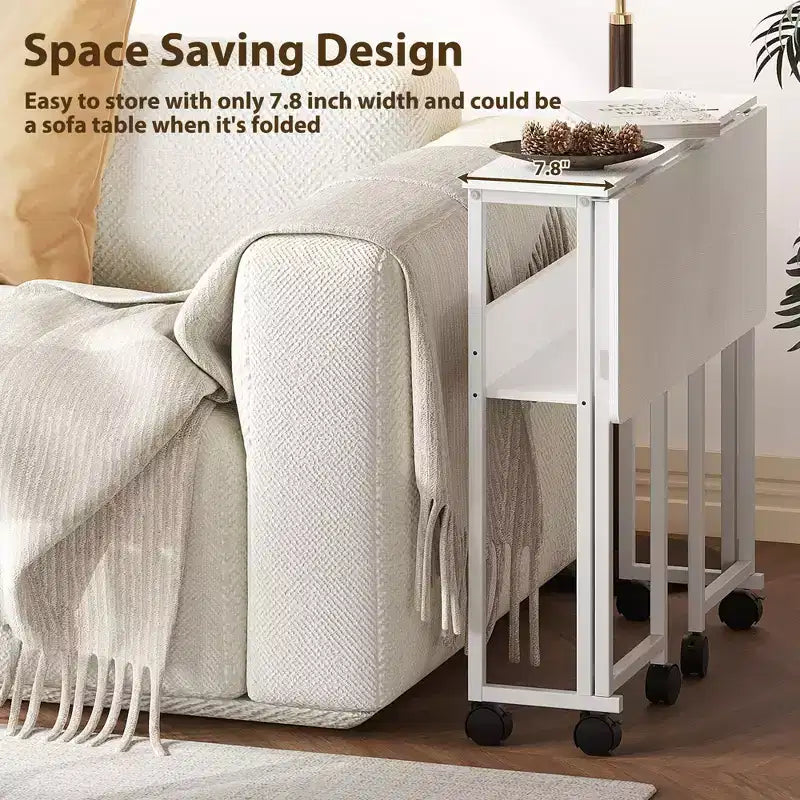 Folding Desk Small Rolling Desk with Storage Shelf,31.5 Inch Foldable Computer Table for Small Spaces, Space Saving Sofa Table with Wheels