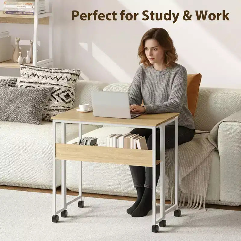 Folding Desk Small Rolling Desk with Storage Shelf,31.5 Inch Foldable Computer Table for Small Spaces, Space Saving Sofa Table with Wheels